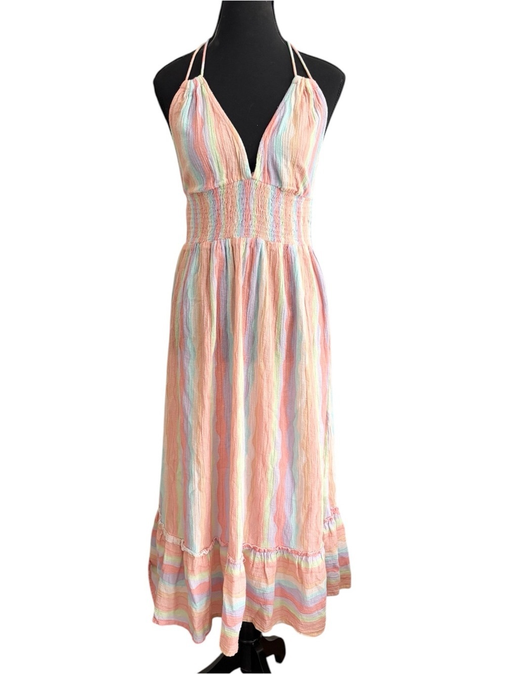 ZL Multicoloured Cotton Pastel Stripe Halter Maxi Dress